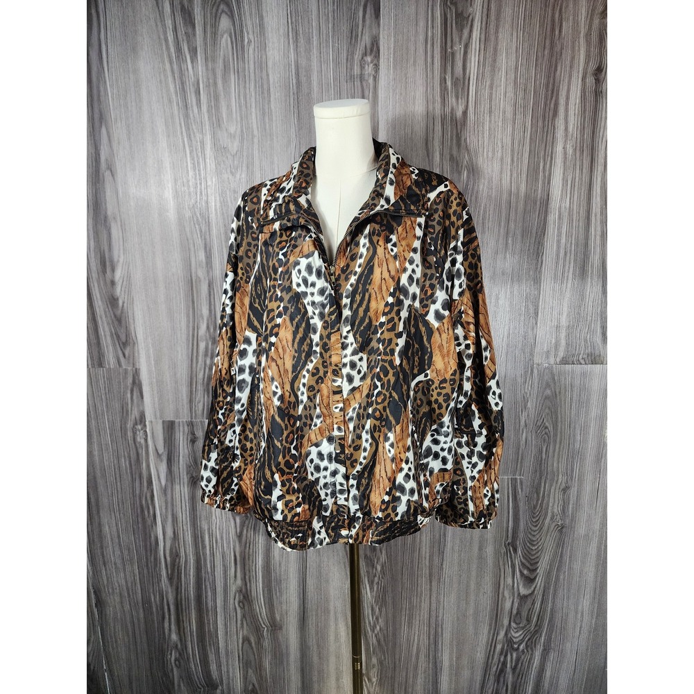 Active Studio Vintage Animal Print Windbreaker Jacket Shoulder Pads Large